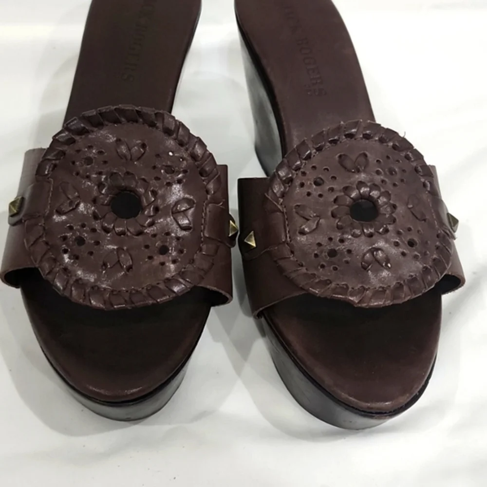 Jack Roger Brown Leather Wood Wedge‎ Sandals Size 9M
